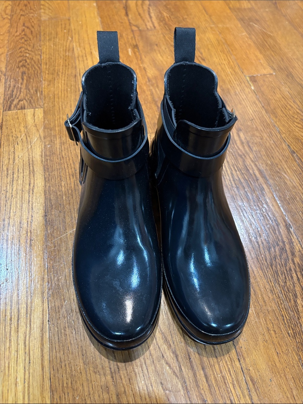 Hunter Gloss Black Ankle Booties with Buckle Strap
